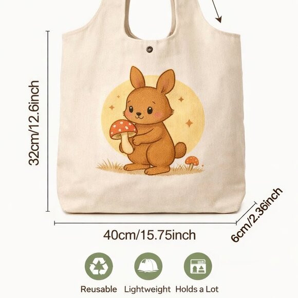 Kawaii Bunny Mushroom Canvas Tote Bag | Cute Washable Reusable Shopping Bag - Picture 2 of 4